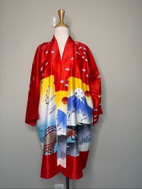 Red Silk-Feel Japanese Kimono Robe with Tokyo Scenic Print Oversized Sz Large